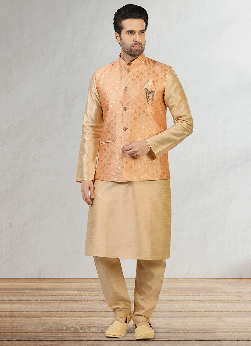 Peach Jacquard Benarasi Silk Bandi Set Party Wear