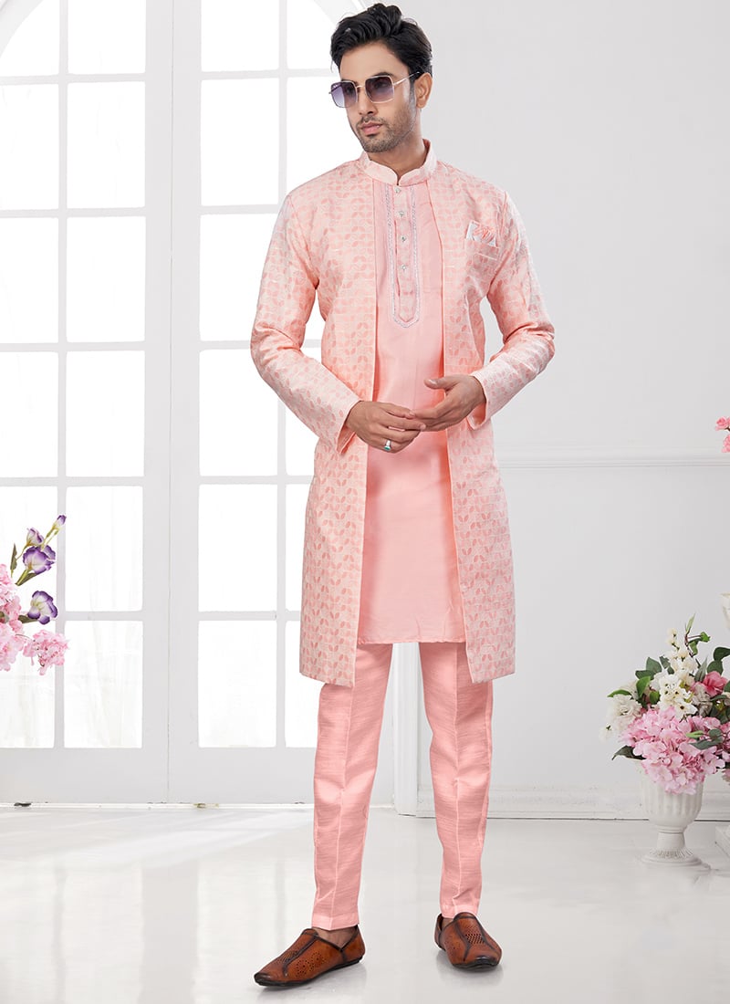 Peach Jacquard Embroidered Sequins Indowestern Sherwani Wedding Wear