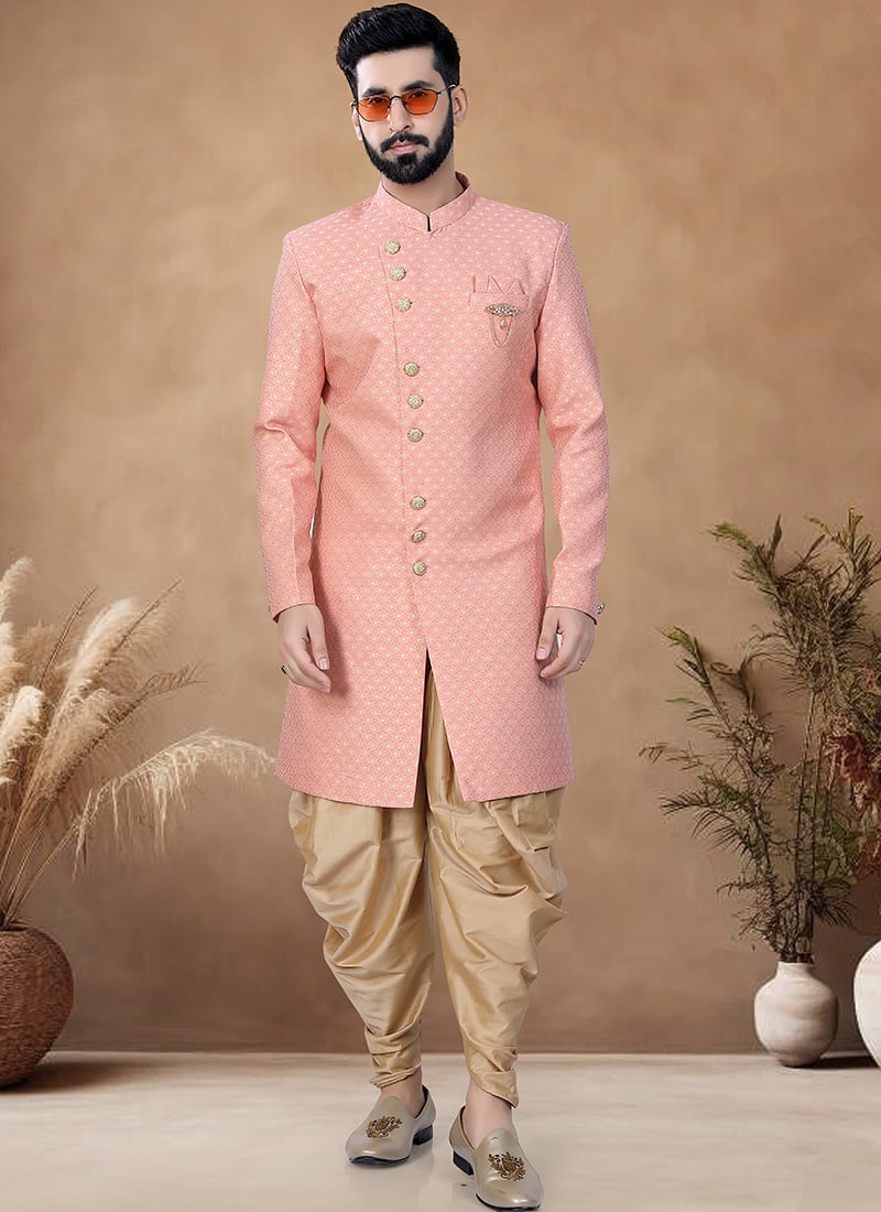 Peach Jacquard Indowestern Sherwani Wedding Wear
