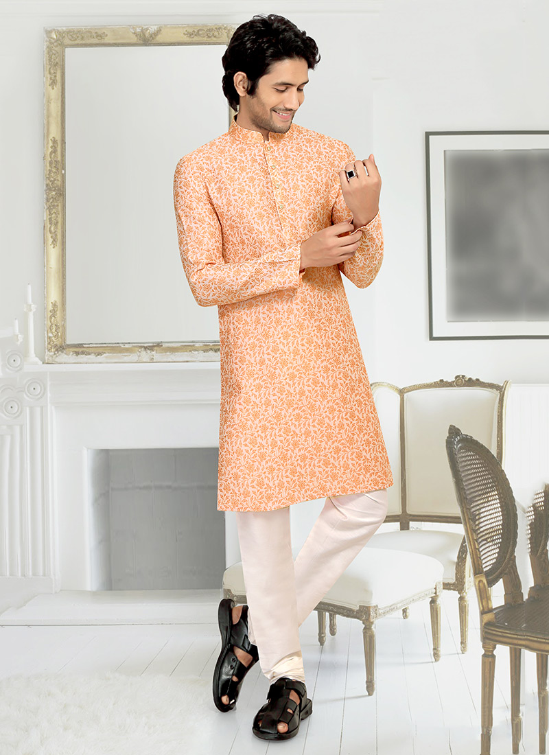 Peach Jacquard Kurta Pyjama Party Wear