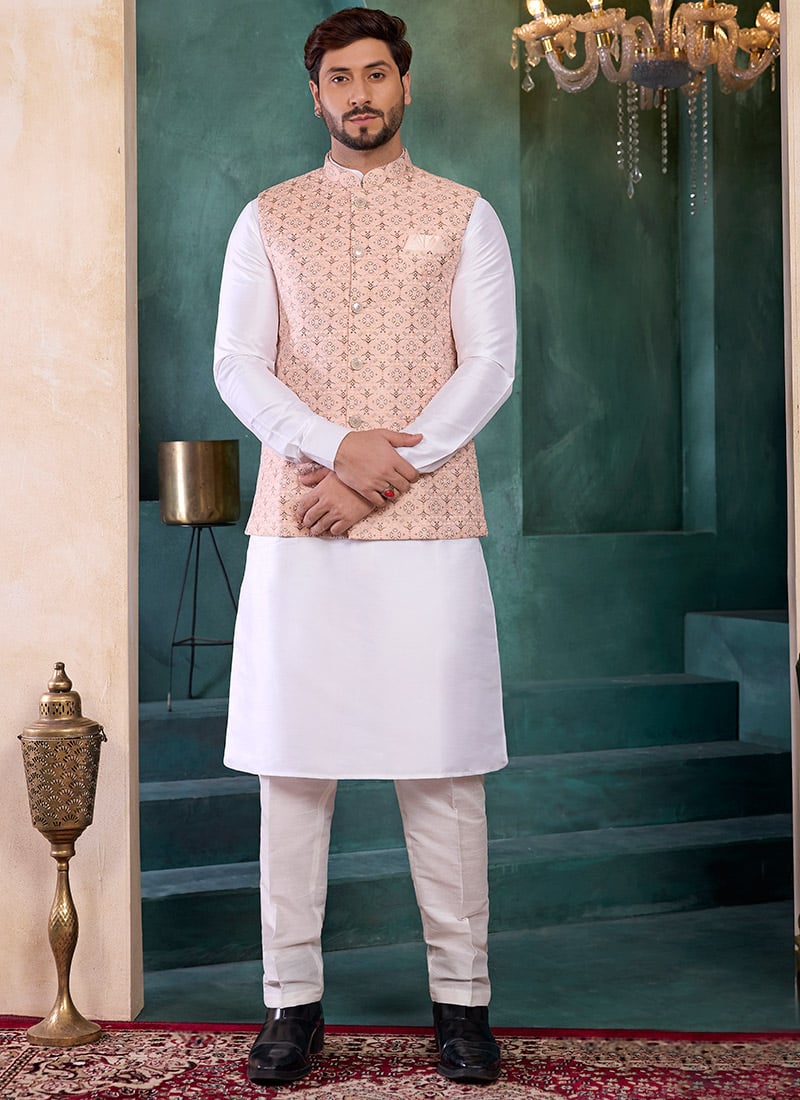 Peach Jacquard Silk Bandhgala Jacket