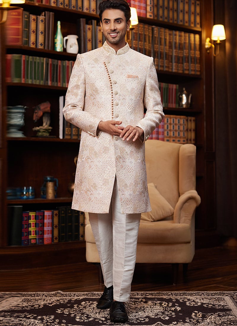 Peach Jacquard Silk Beads And Zari Hand Work Indowestern Sherwani Wedding Wear