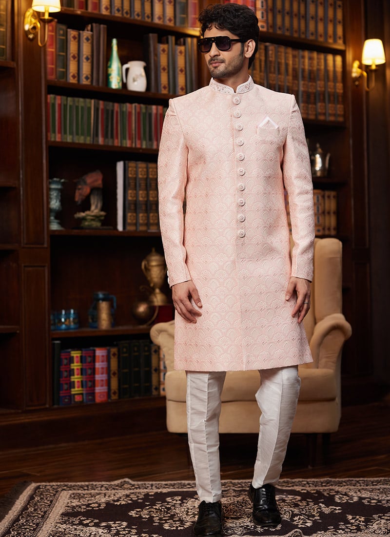 Peach Jacquard Silk Beads Sequins Hand Work Indowestern Sherwani Wedding Wear