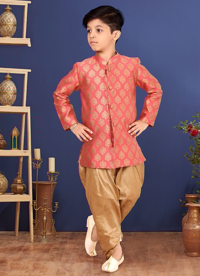 Peach Jacquard Silk Boys Indowestern Sherwani 