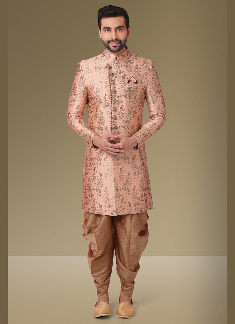 Peach Jacquard Silk Brocade Classic Sherwani Wedding Wear