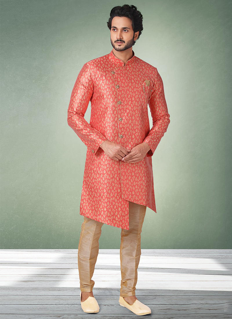 Peach Jacquard Silk Brocade Indowestern Sherwani Wedding Wear