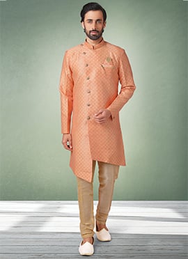 Peach Jacquard Silk Brocade Indowestern Sherwani