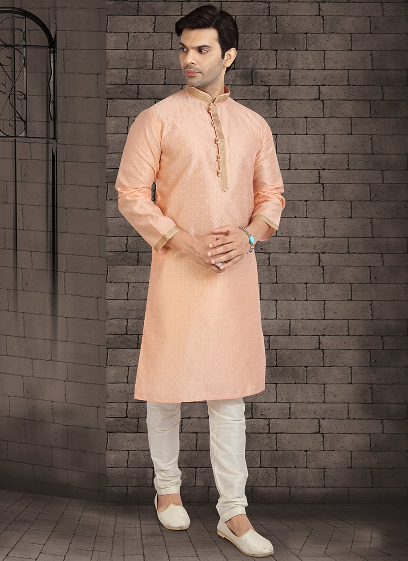 Peach Jacquard Silk Brocade Kurta Pyjama Party Wear