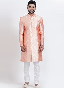Peach Jacquard Silk Classic Sherwani