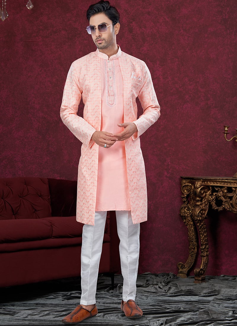 Peach Jacquard Silk Embroidered Sequins Indowestern Sherwani Wedding Wear