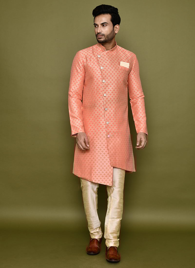 Peach Jacquard Silk Indowestern Sherwani