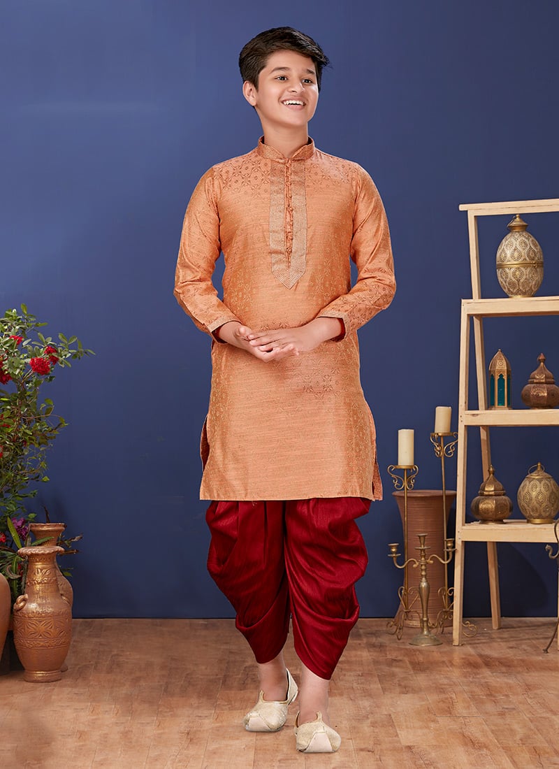 Peach Jacquard Silk Kurta Pyjama