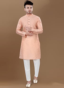 Peach Jacquard Silk Kurta Pyjama