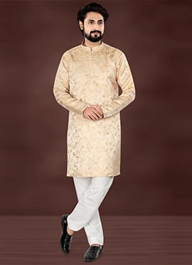 Peach Jacquard Silk Kurta Pyjama