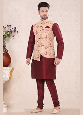 Peach Jacquard Silk Printed Nehru jacket