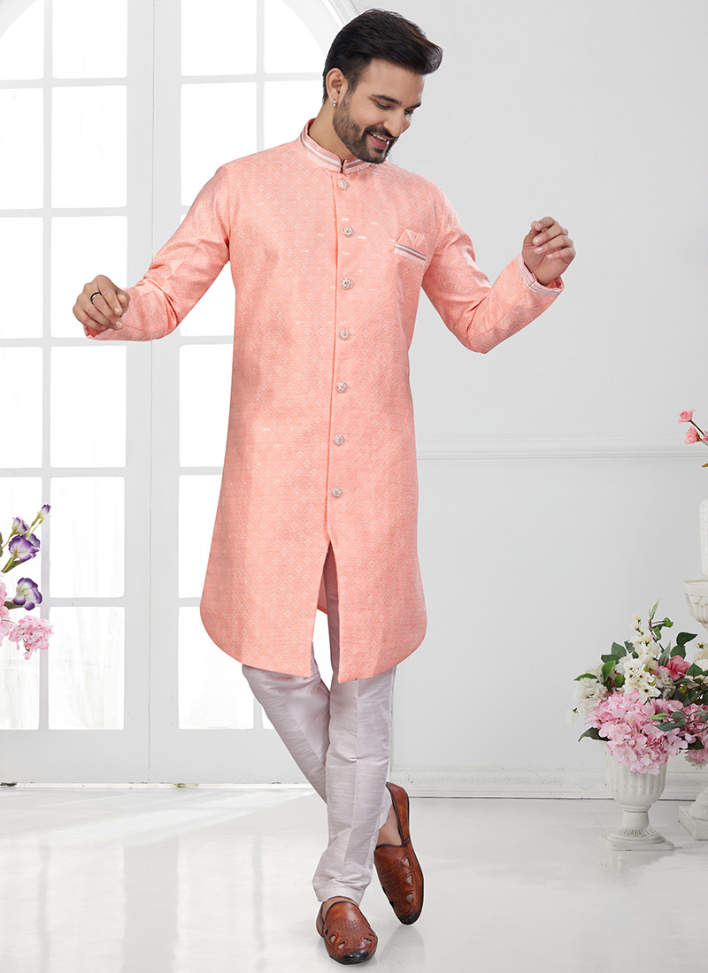 Peach Jacquard Silk Sequins Thread Work Indowestern Sherwani Festive Wear
