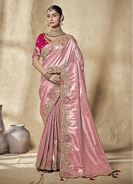 Peach Jacquard Silk Sequins Zari Embroidered Saree