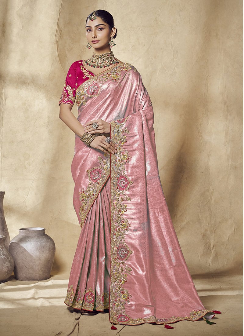 Peach Jacquard Silk Sequins Zari Embroidered Saree Wedding Wear