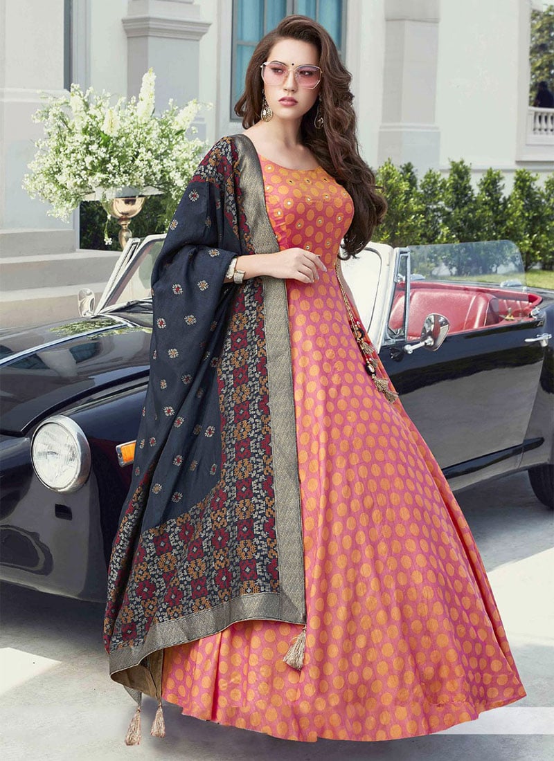 Peach Jacquard Silk Tikki Work Anarkali Gown