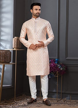 Peach Jacquard Silk Zari Jacquard Thread Classic Sherwani