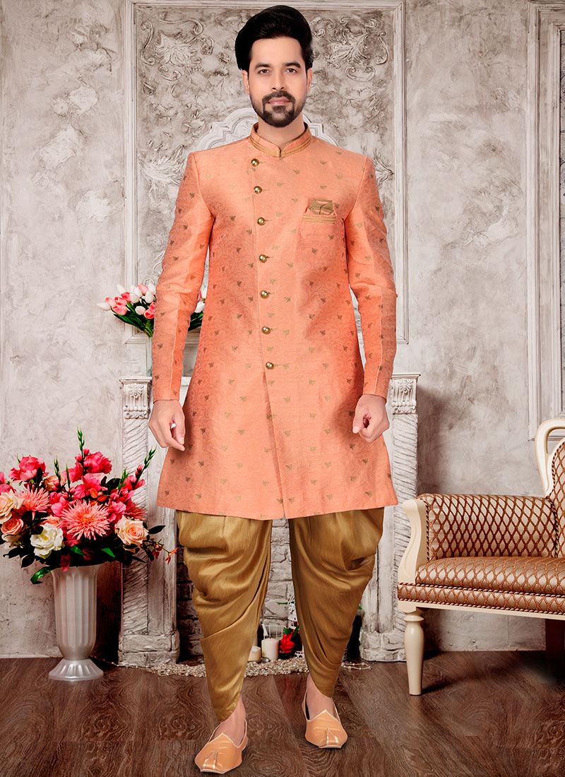 Peach Jacquard Silk Zari Work Classic Sherwani Wedding Wear