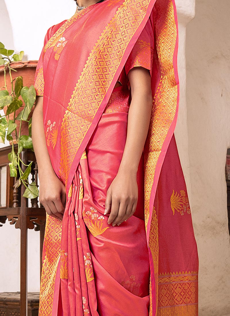 Buy Peach Kanchipuram Art Silk Saree, Kancheepuram , Jacquard, sari