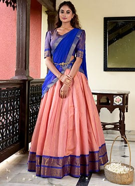 Peach Kanchipuram Zari woven Lehenga