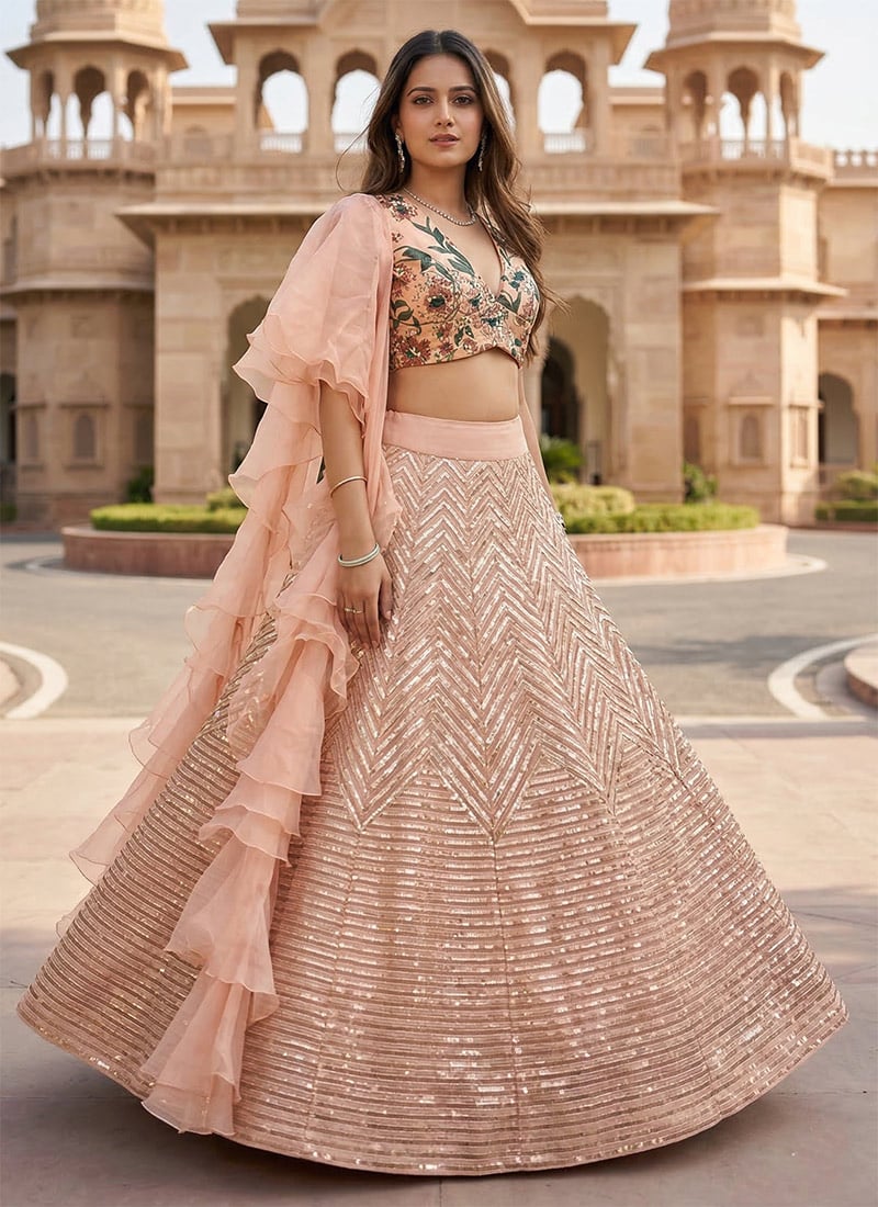 Peach Kasturi Silk Zari Sequins Lehenga Wedding Wear