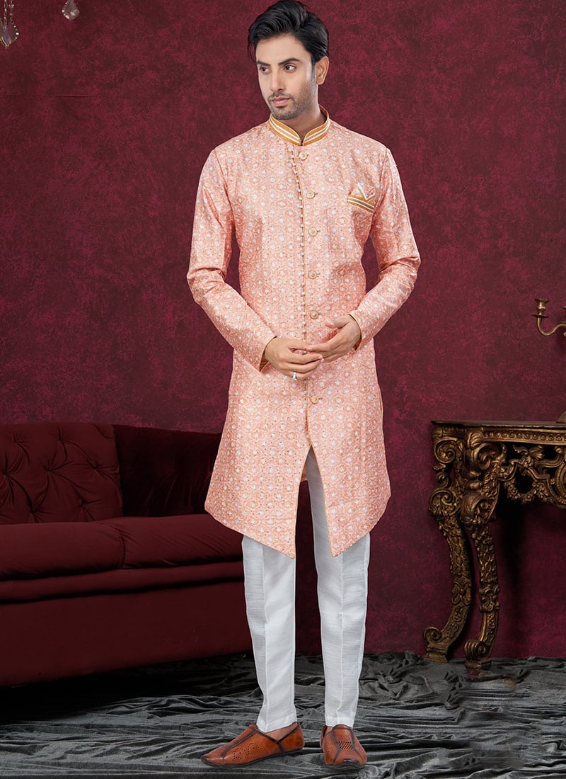 Peach Kora Shine Silk Printed Embroidered Sequins Indowestern Sherwani Festive Wear
