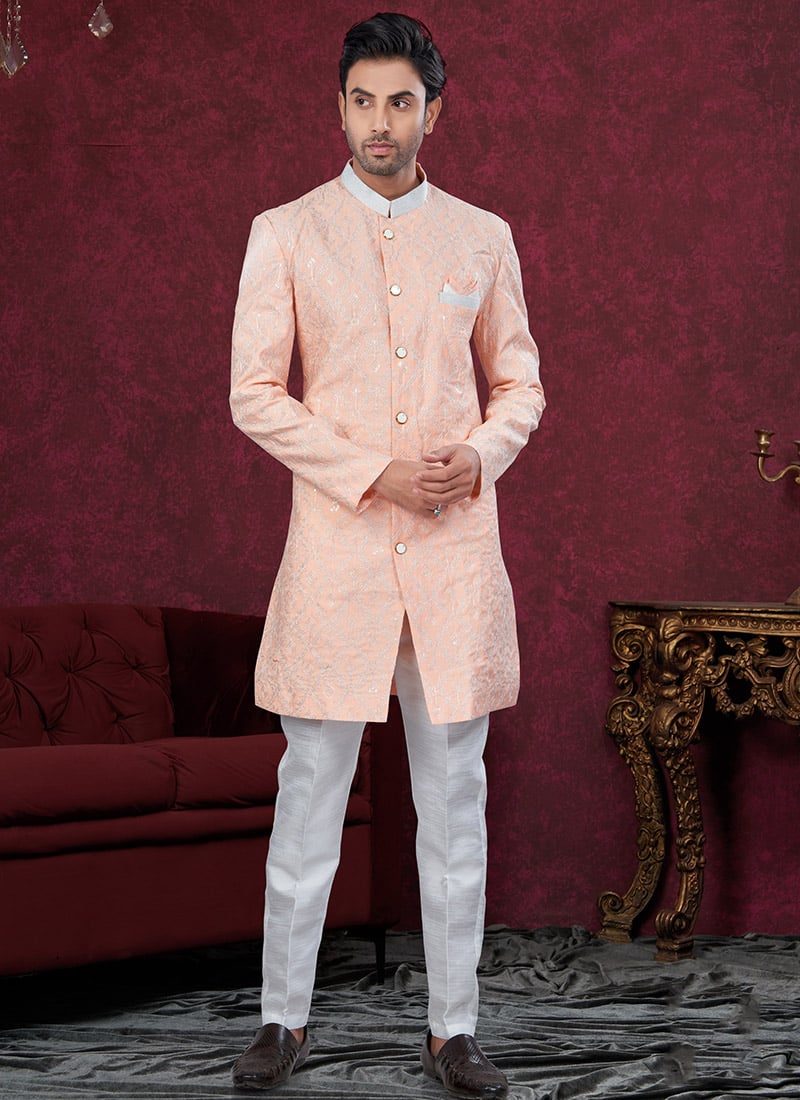 Peach Kora Shine Silk Printed Embroidered Sequins Indowestern Sherwani Festive Wear