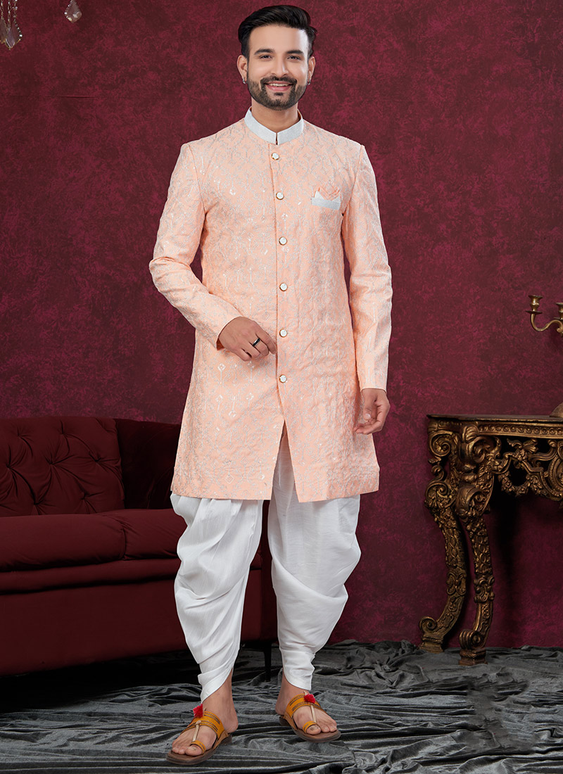 Peach Kora Shine Silk Printed Embroidered Sequins Indowestern Sherwani Festive Wear