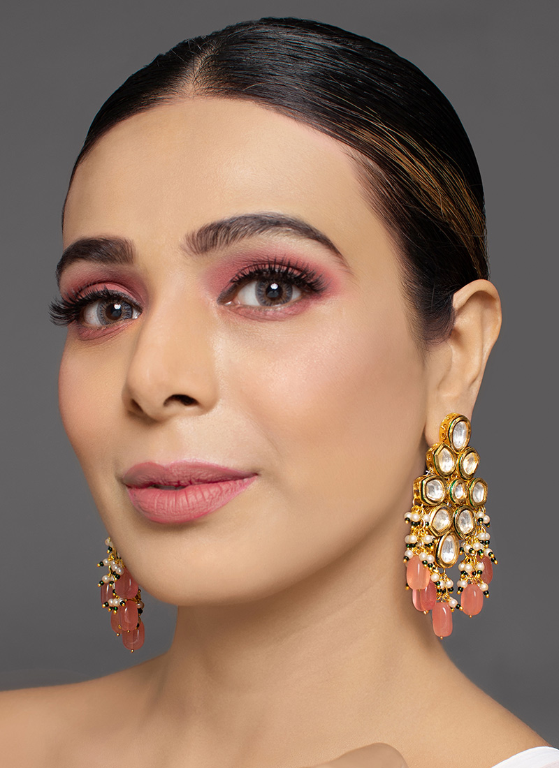 Peach Kundan Beads And Meenakari Danglers Wedding Wear