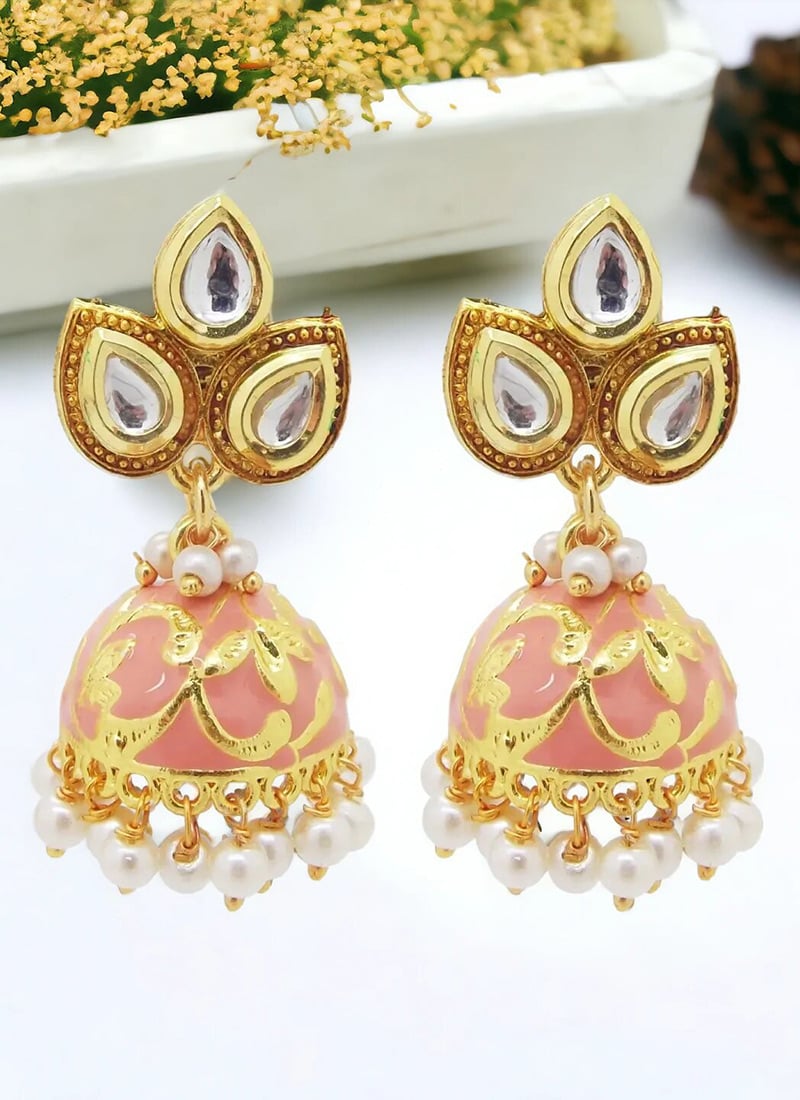 Peach Kundan Beads Meenakari Jhumka Festive Wear