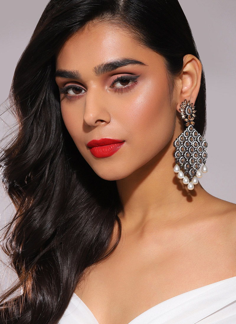 Peach Kundan Stones And Moti Chandeliers Festive Wear