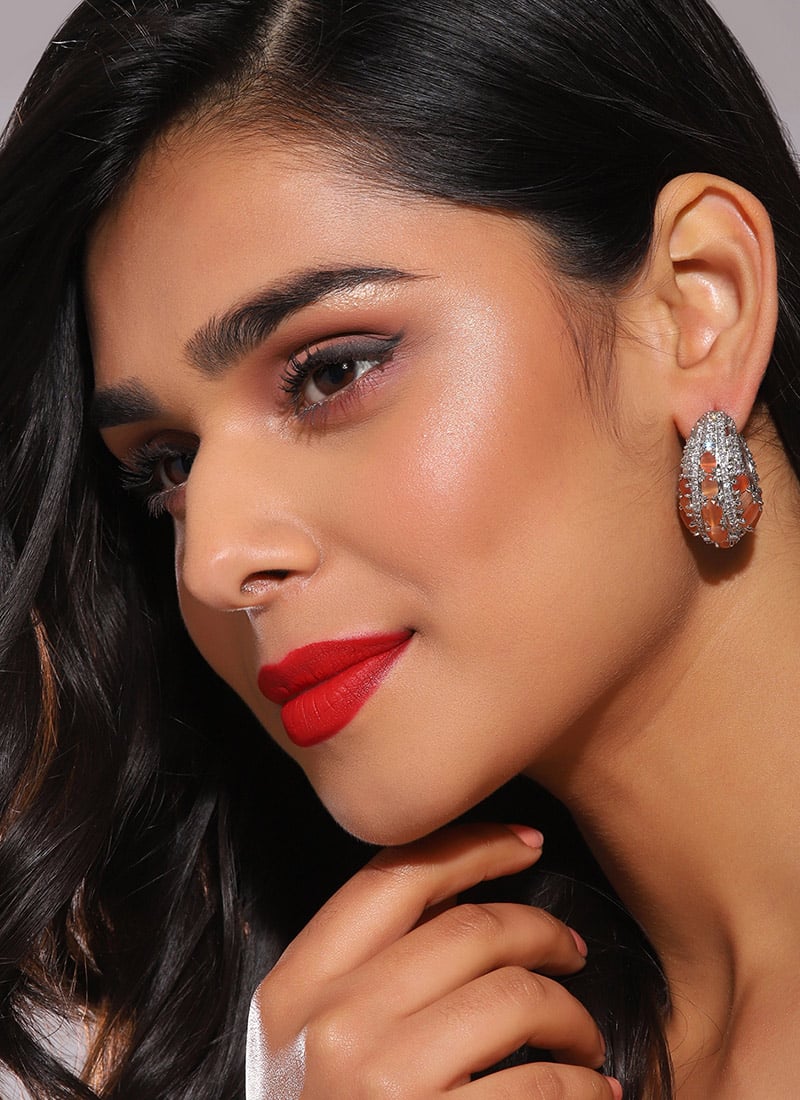 Peach Kundan Stones Hoops