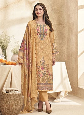 Peach Lawn Cotton Thread Embroidered And Digital Print Straight Pant Suit
