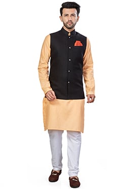 Peach Linen Blend Kurta Pyjama With Jacket