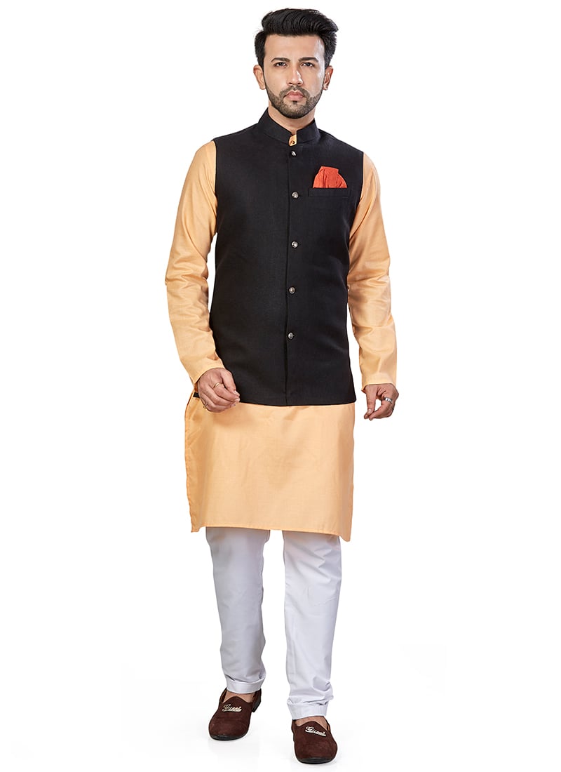Peach Linen Blend Kurta Pyjama With Jacket