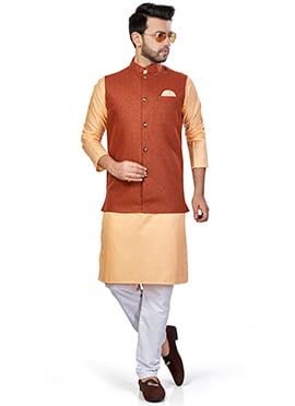 Peach Linen Blend Kurta Pyjama With Jacket