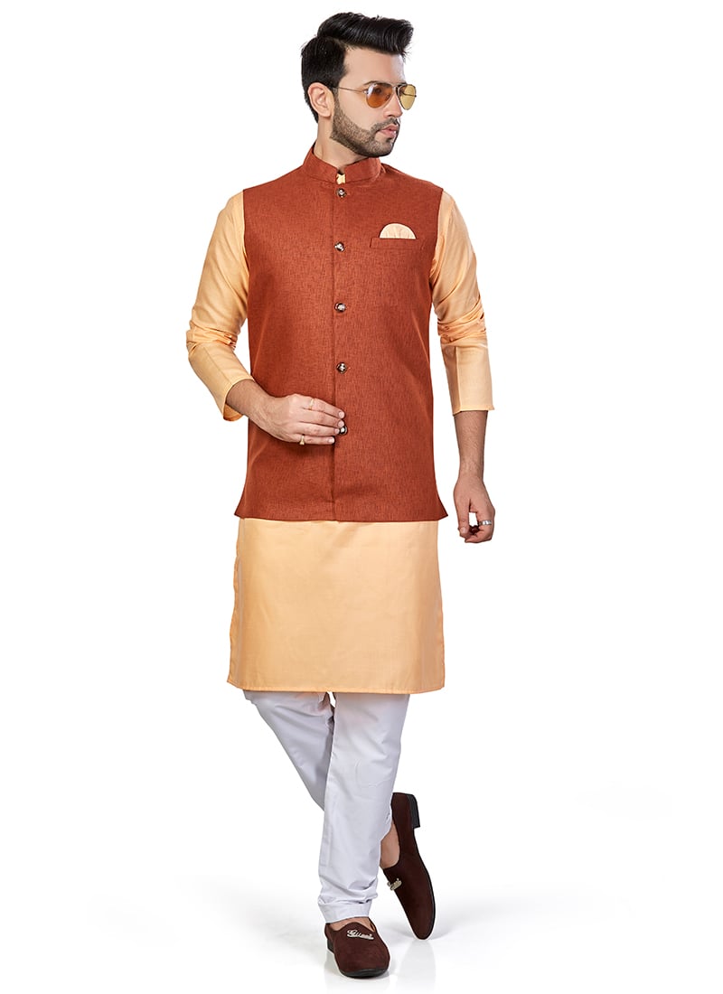 Peach Linen Blend Kurta Pyjama With Jacket