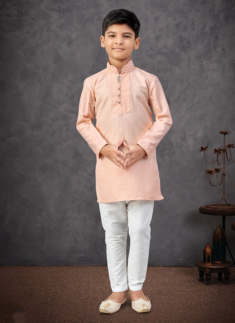 Peach Linen Cotton Boys Kurta Pyjama Festive Wear