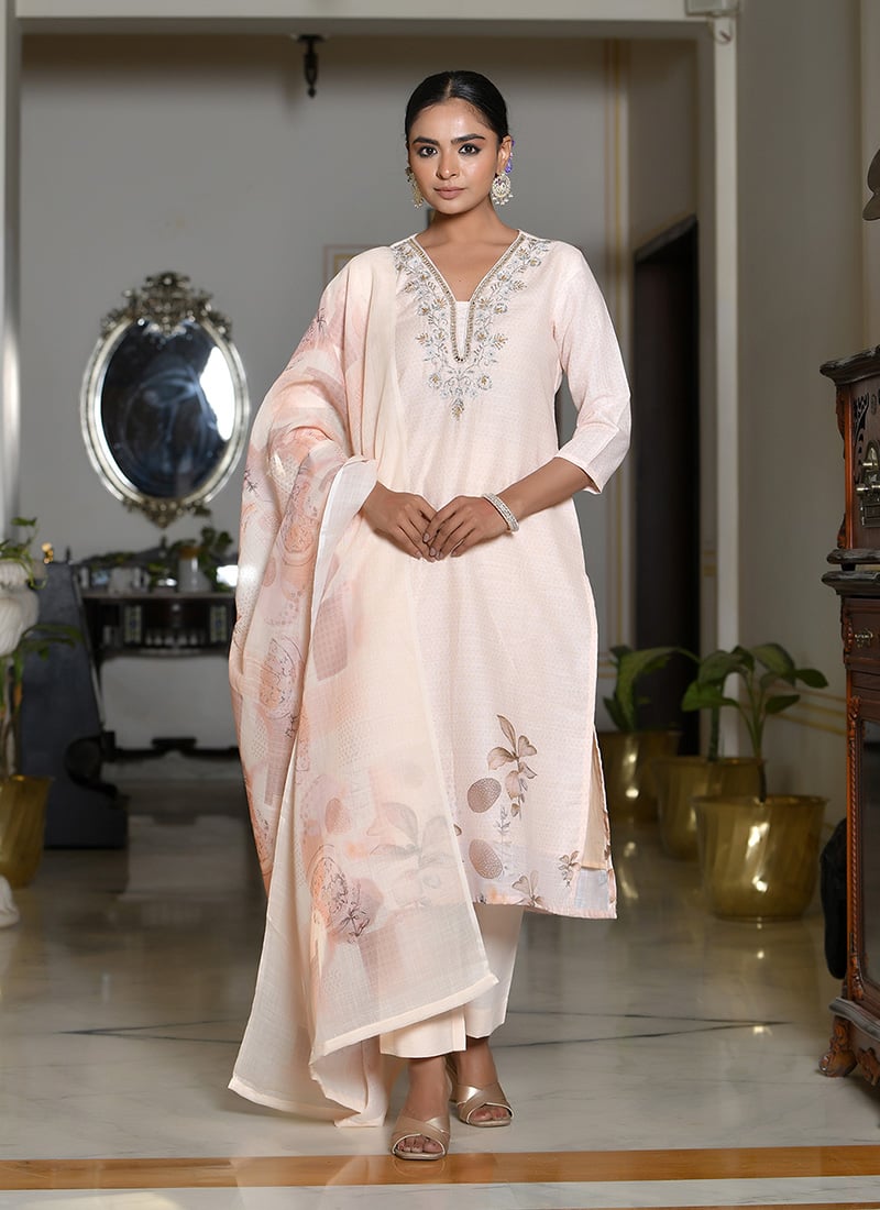 Peach Linen Embroidered Digital Print Straight Pant Suit