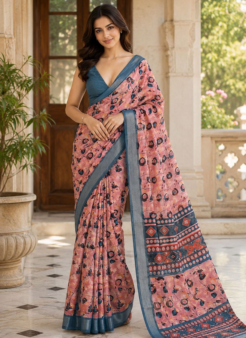 Peach Linen Floral Print Saree After Six Wear