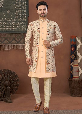 Peach Malbari Banarasi Silk Digital Print Jacquard Indowestern Sherwani