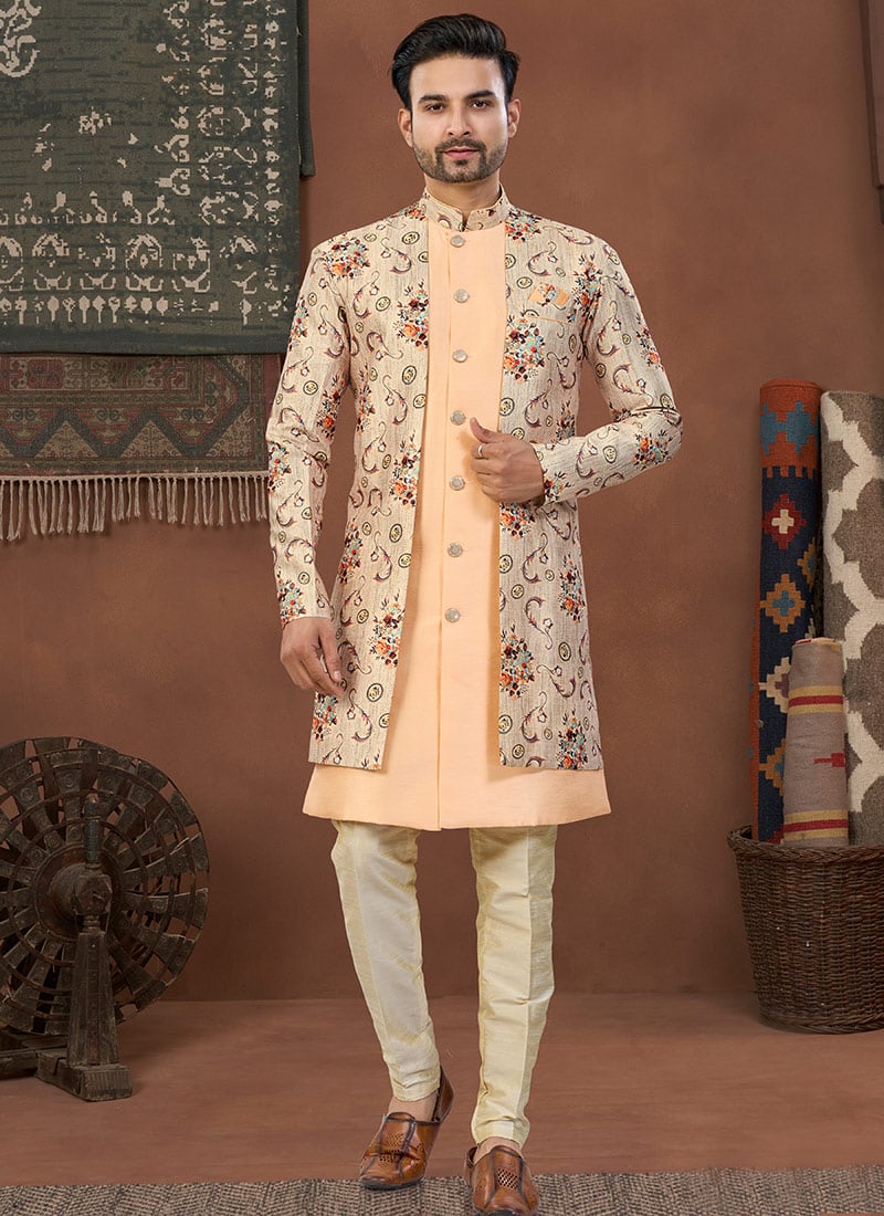 Peach Malbari Banarasi Silk Digital Print Jacquard Indowestern Sherwani Wedding Wear