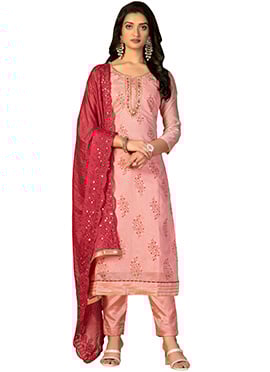 Peach Modal Cotton Embroidered Straight Pant Suit