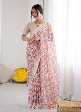 Peach Moss Satin Floral Digital Print Saree