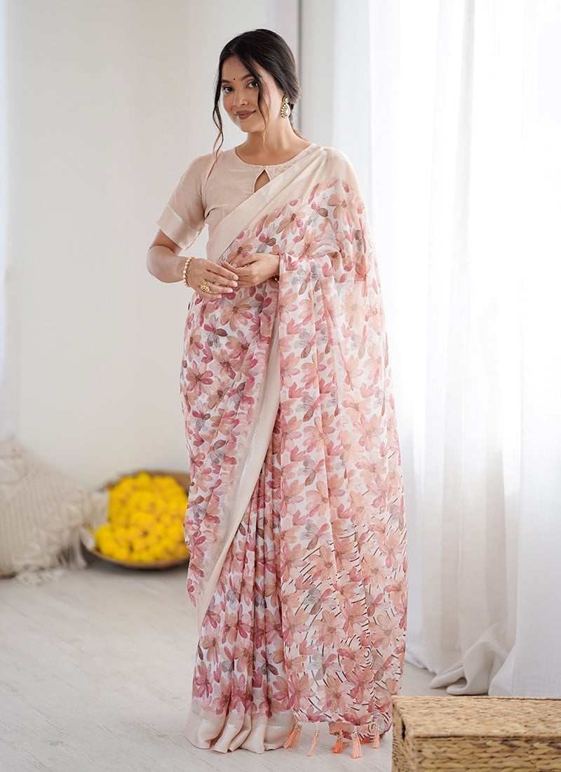 Peach Moss Satin Floral Digital Print Saree After Six Wear