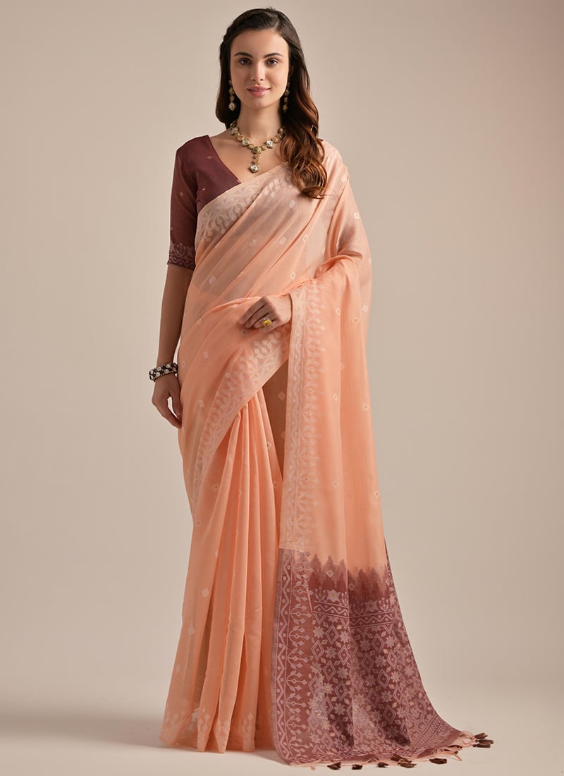 Peach Muga Cotton Woven Jamdani Saree Festive Wear