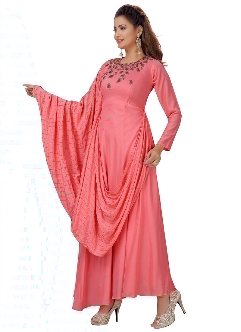 Peach Muslin Designer Gown Party Wear